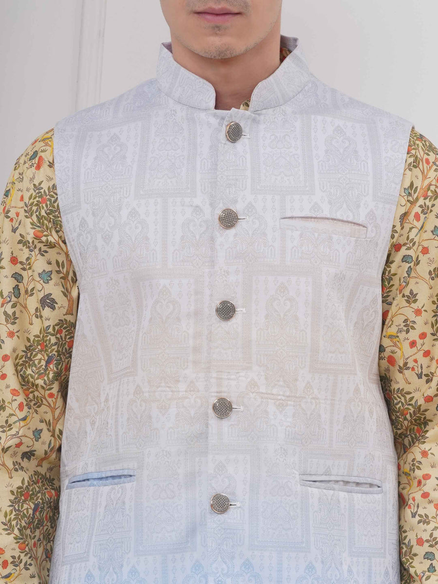 Mens Readymade Cotton Popline Print Kurta And Pyjama with Nehru Jacket