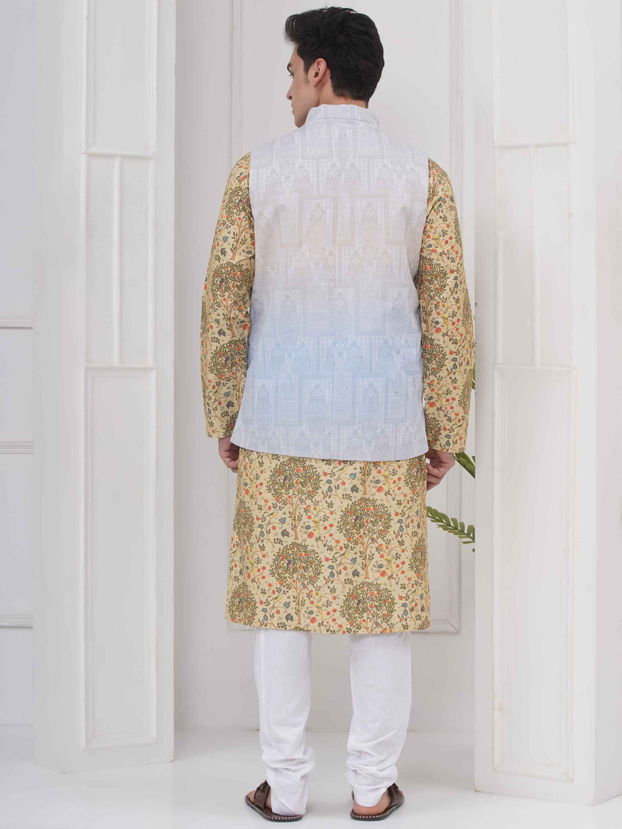 Mens Readymade Cotton Popline Print Kurta And Pyjama with Nehru Jacket