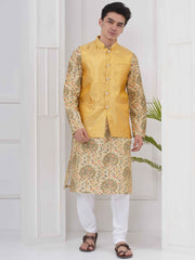 Mens Readymade Cotton Popline Print Kurta And Pyjama with Nehru Jacket