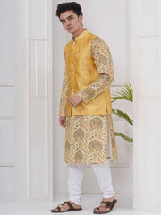 Mens Readymade Cotton Popline Print Kurta And Pyjama with Nehru Jacket