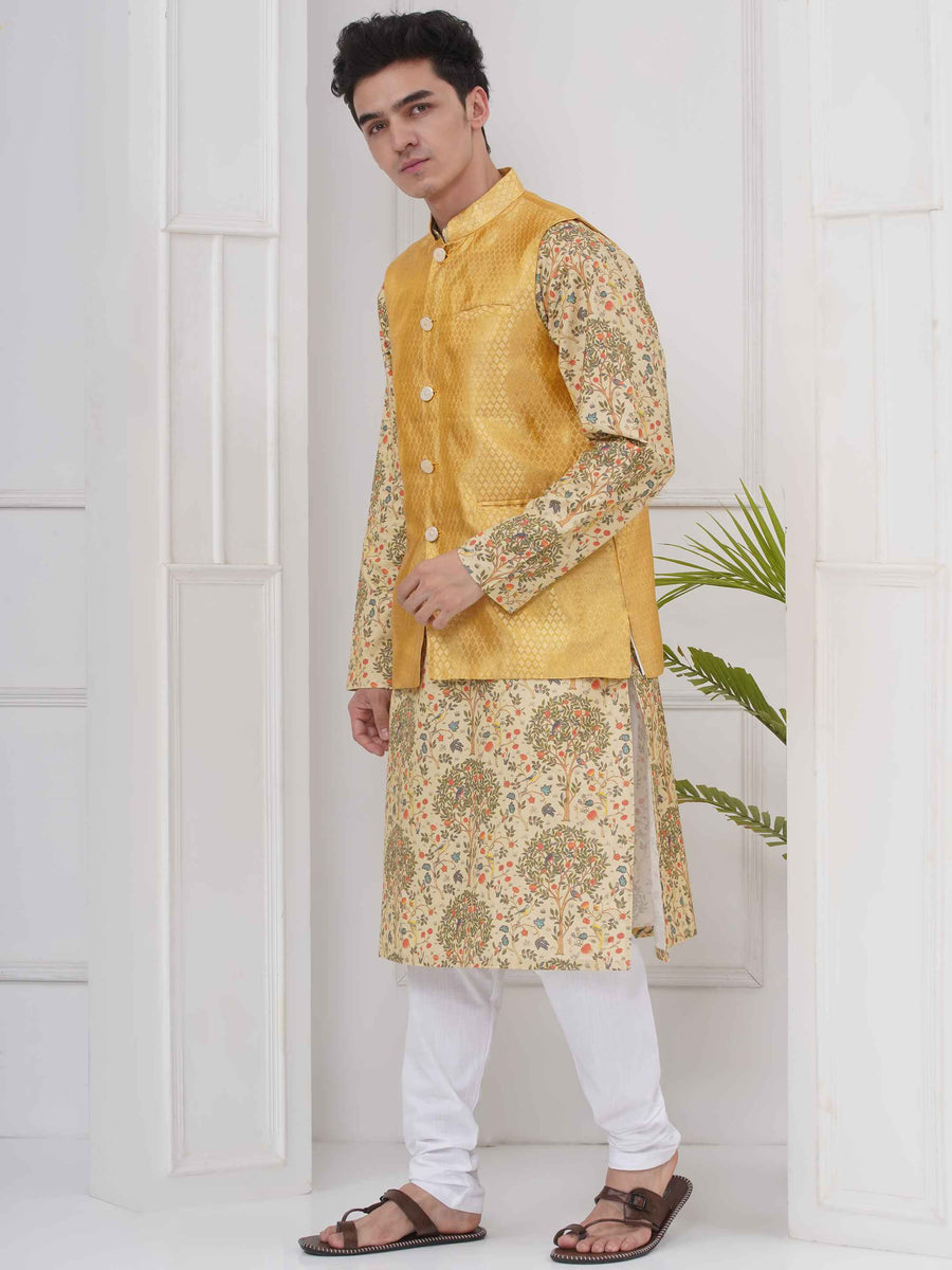 Mens Readymade Cotton Popline Print Kurta And Pyjama with Nehru Jacket