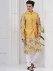 Mens Readymade Cotton Popline Print Kurta And Pyjama with Nehru Jacket