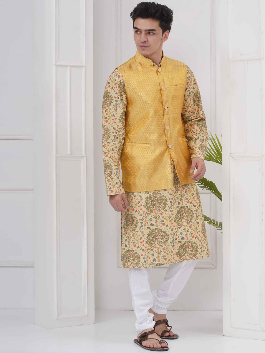 Mens Readymade Cotton Popline Print Kurta And Pyjama with Nehru Jacket