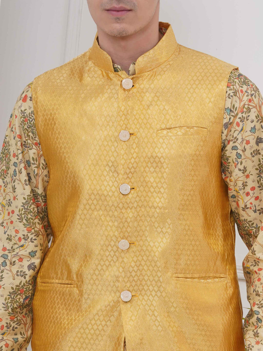 Mens Readymade Cotton Popline Print Kurta And Pyjama with Nehru Jacket