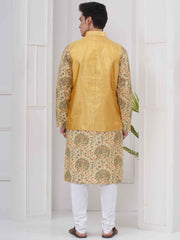 Mens Readymade Cotton Popline Print Kurta And Pyjama with Nehru Jacket