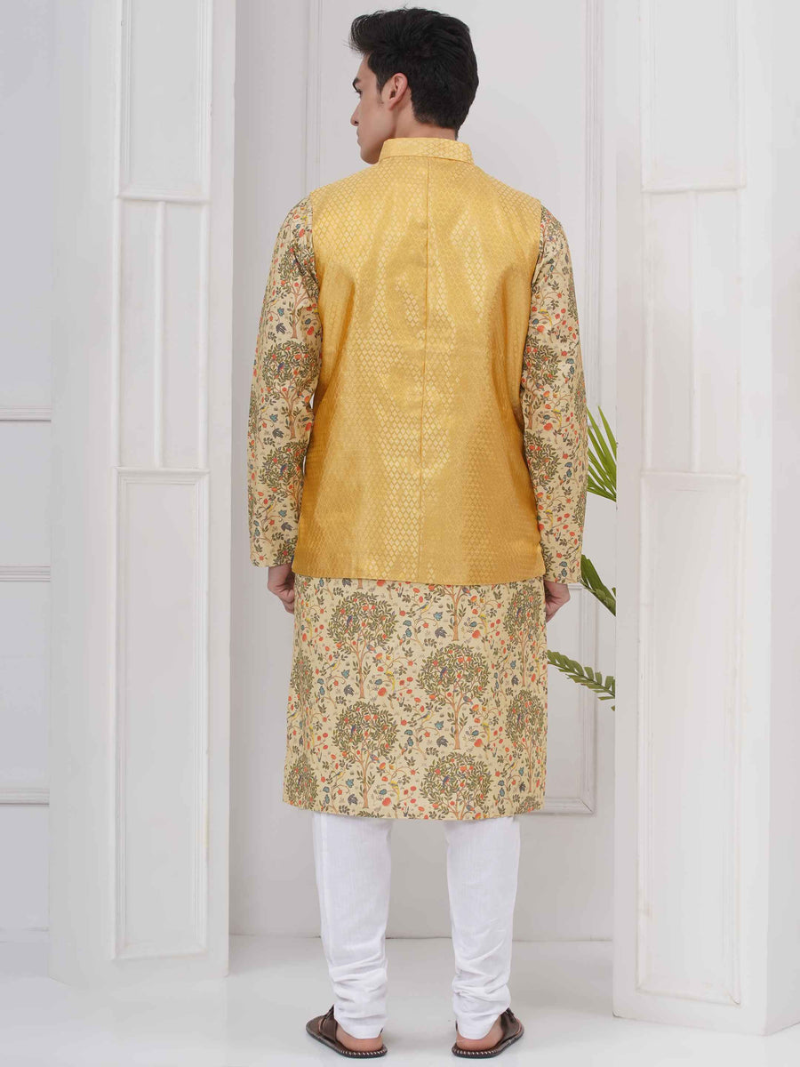 Mens Readymade Cotton Popline Print Kurta And Pyjama with Nehru Jacket