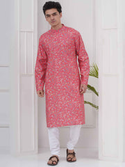 Mens Readymade Cotton Popline Print Kurta And Pyjama with Nehru Jacket