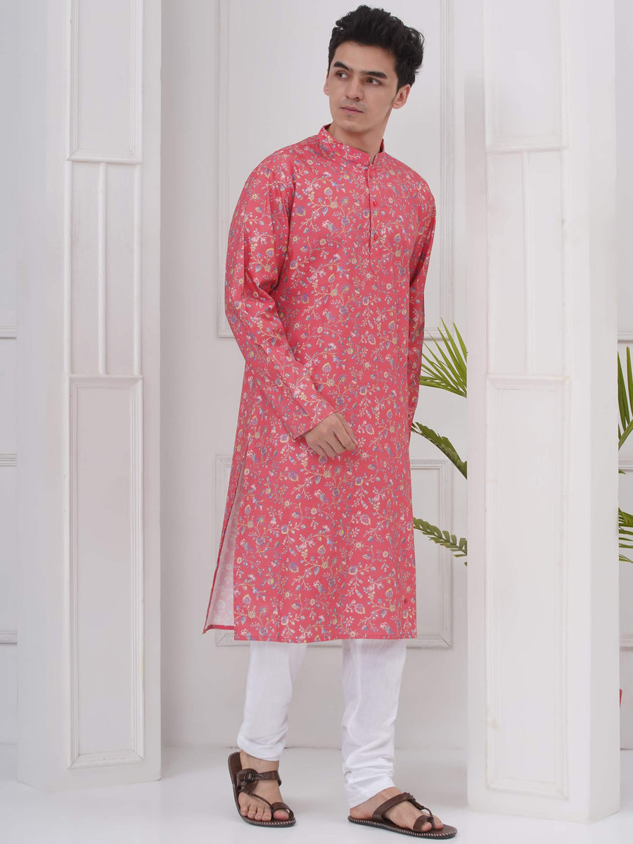 Mens Readymade Cotton Popline Print Kurta And Pyjama Set