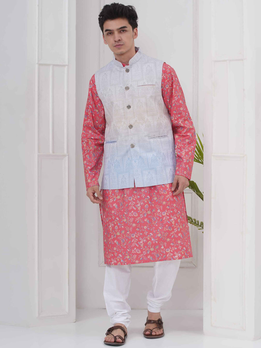 Mens Readymade Cotton Popline Print Kurta And Pyjama with Nehru Jacket