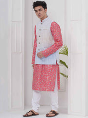 Mens Readymade Cotton Popline Print Kurta And Pyjama with Nehru Jacket
