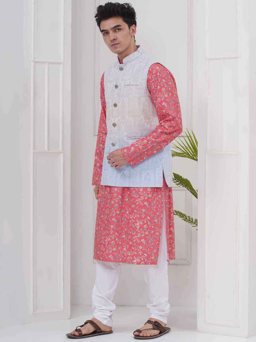 Mens Readymade Cotton Popline Print Kurta And Pyjama with Nehru Jacket