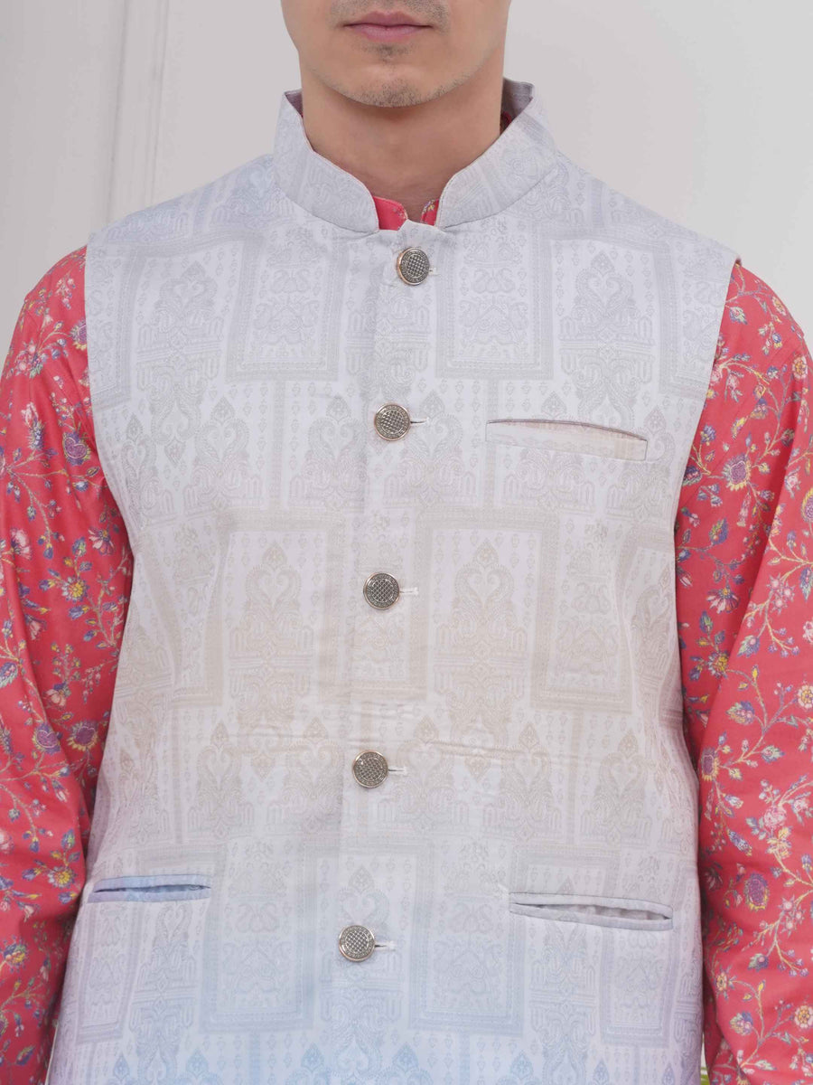 Mens Readymade Cotton Popline Print Kurta And Pyjama with Nehru Jacket