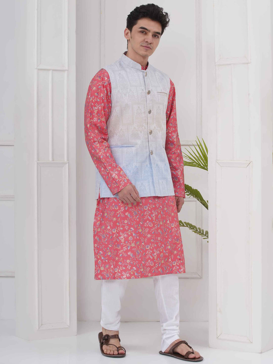Mens Readymade Cotton Popline Print Kurta And Pyjama with Nehru Jacket