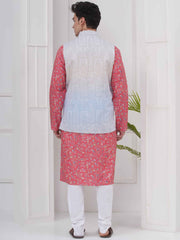 Mens Readymade Cotton Popline Print Kurta And Pyjama with Nehru Jacket