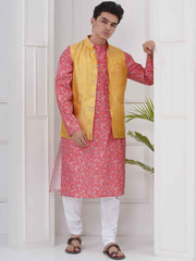 Mens Readymade Cotton Popline Print Kurta And Pyjama with Nehru Jacket