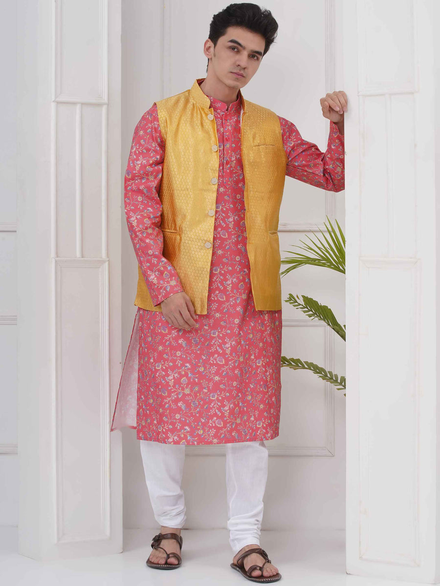 Mens Readymade Cotton Popline Print Kurta And Pyjama with Nehru Jacket