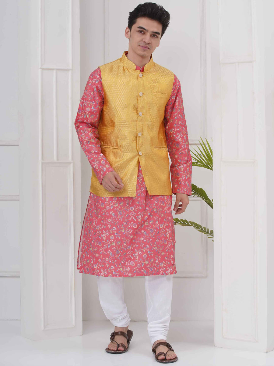 Mens Readymade Cotton Popline Print Kurta And Pyjama with Nehru Jacket