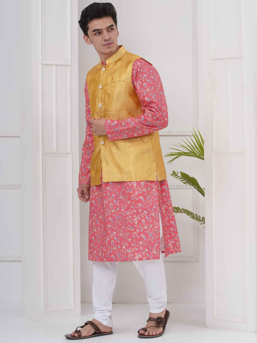 Mens Readymade Cotton Popline Print Kurta And Pyjama with Nehru Jacket