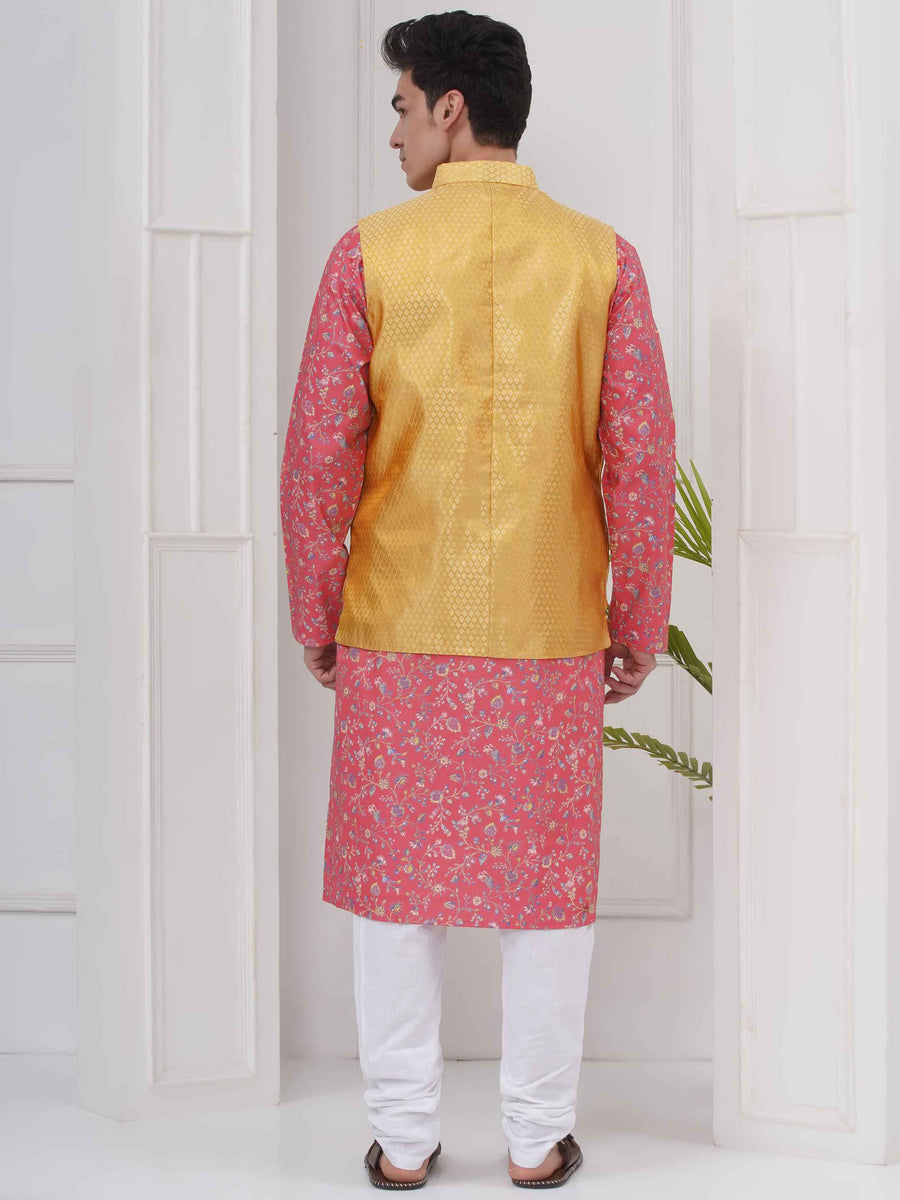 Mens Readymade Cotton Popline Print Kurta And Pyjama with Nehru Jacket