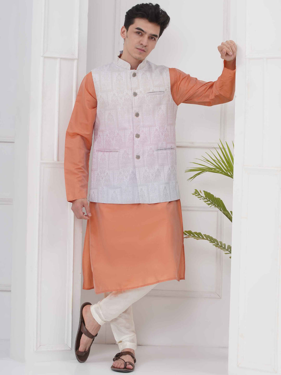 Mens Readymade Cotton Popline Print Kurta And Pyjama with Nehru Jacket