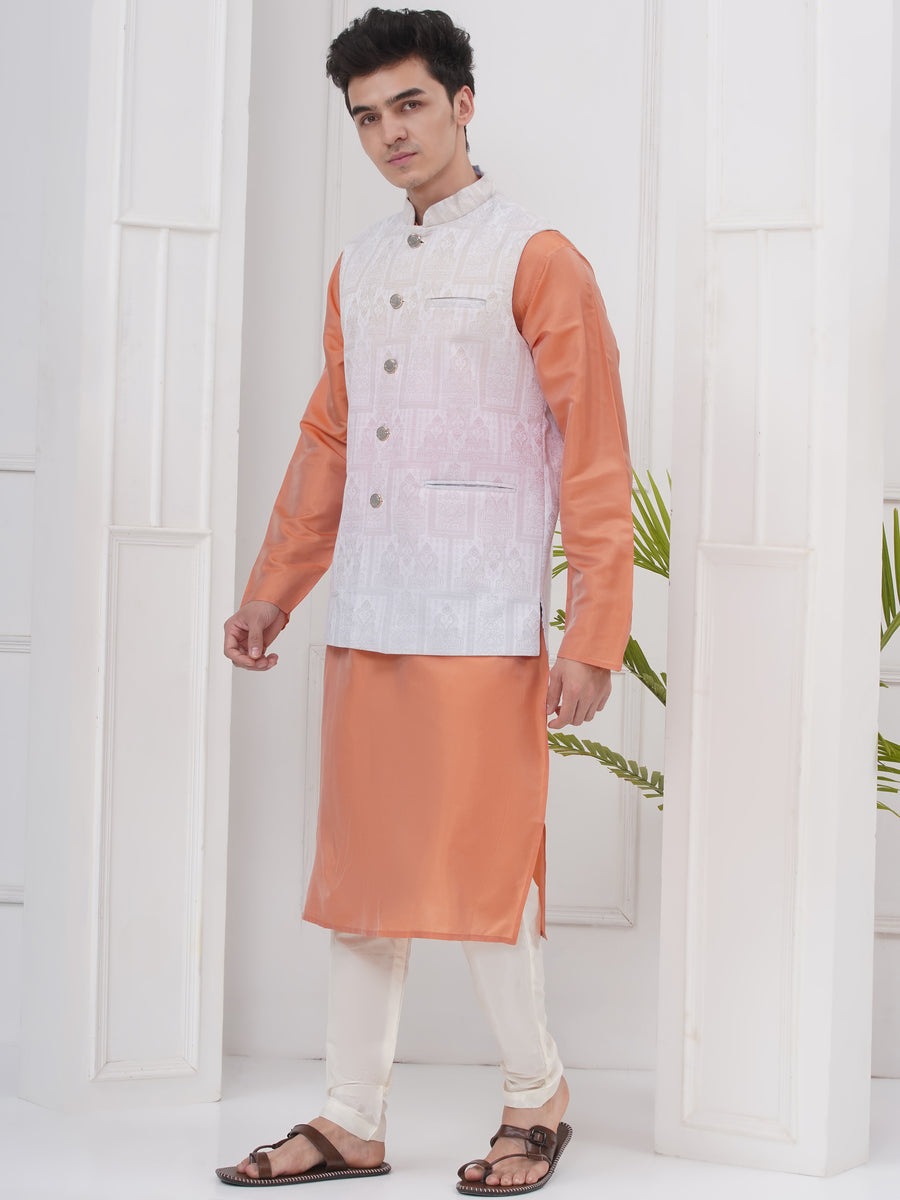 Mens Readymade Cotton Popline Print Kurta And Pyjama with Nehru Jacket
