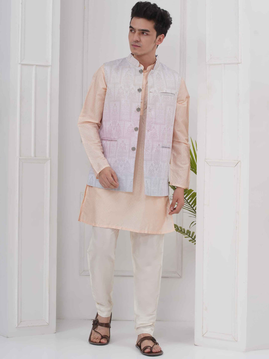 Mens Readymade Cotton Popline Print Kurta And Pyjama with Nehru Jacket