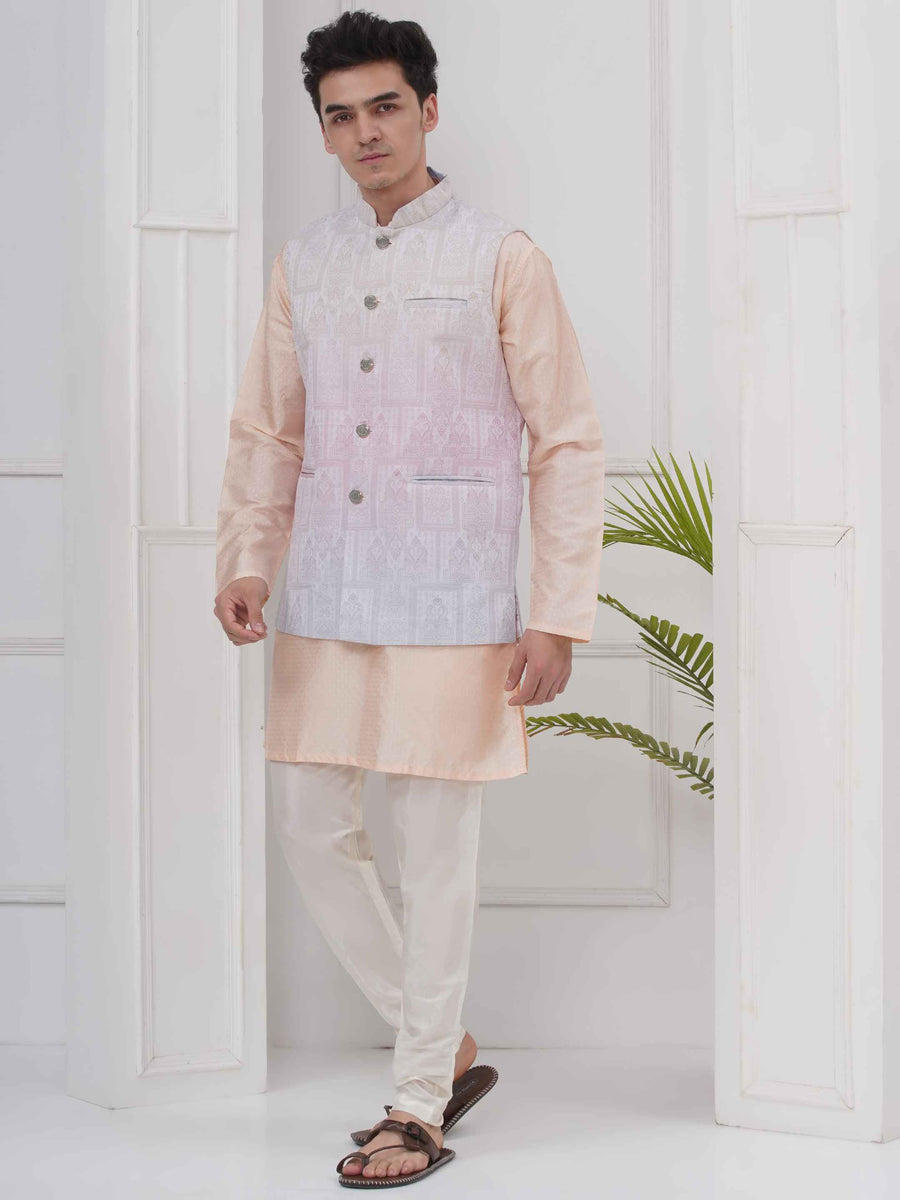 Mens Readymade Cotton Popline Print Kurta And Pyjama with Nehru Jacket