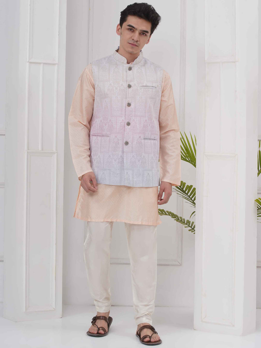 Mens Readymade Cotton Popline Print Kurta And Pyjama with Nehru Jacket