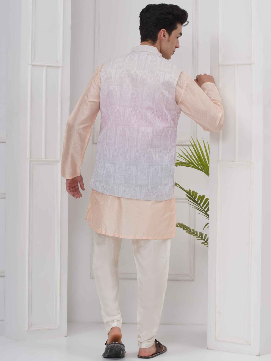 Mens Readymade Cotton Popline Print Kurta And Pyjama with Nehru Jacket