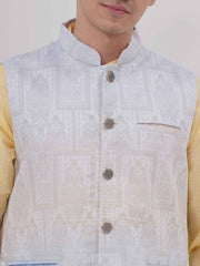 Mens Readymade Cotton Popline Print Kurta And Pyjama with Nehru Jacket