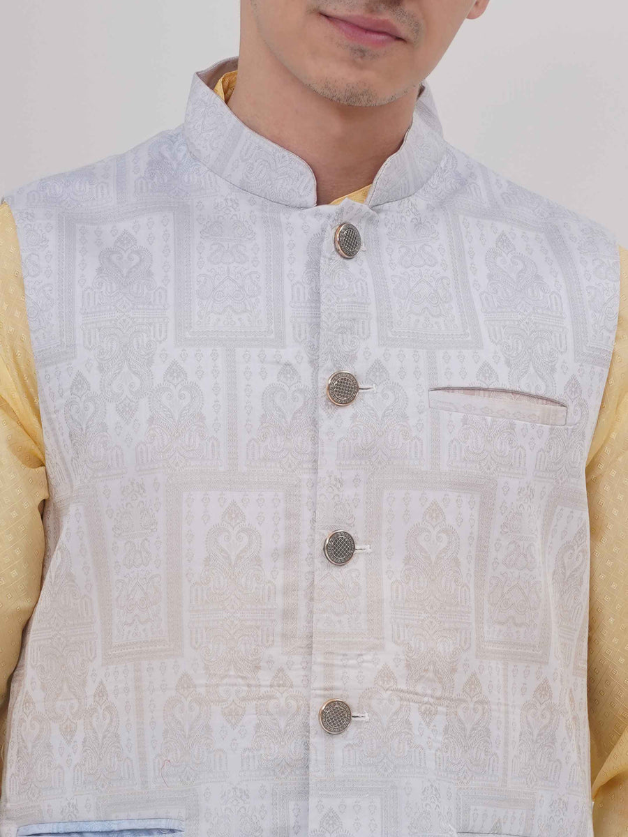 Mens Readymade Cotton Popline Print Kurta And Pyjama with Nehru Jacket
