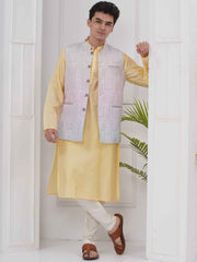 Mens Readymade Cotton Popline Print Kurta And Pyjama with Nehru Jacket
