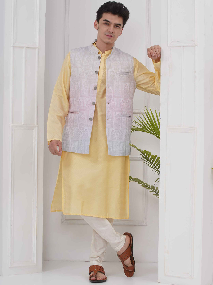 Mens Readymade Cotton Popline Print Kurta And Pyjama with Nehru Jacket