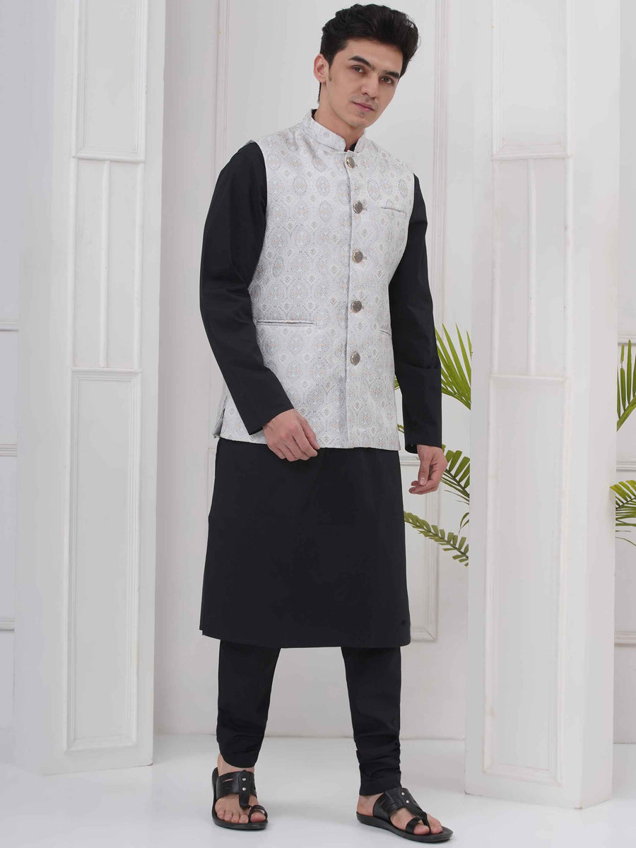Mens Black Kurta with Pyjama & Nehru Jacket