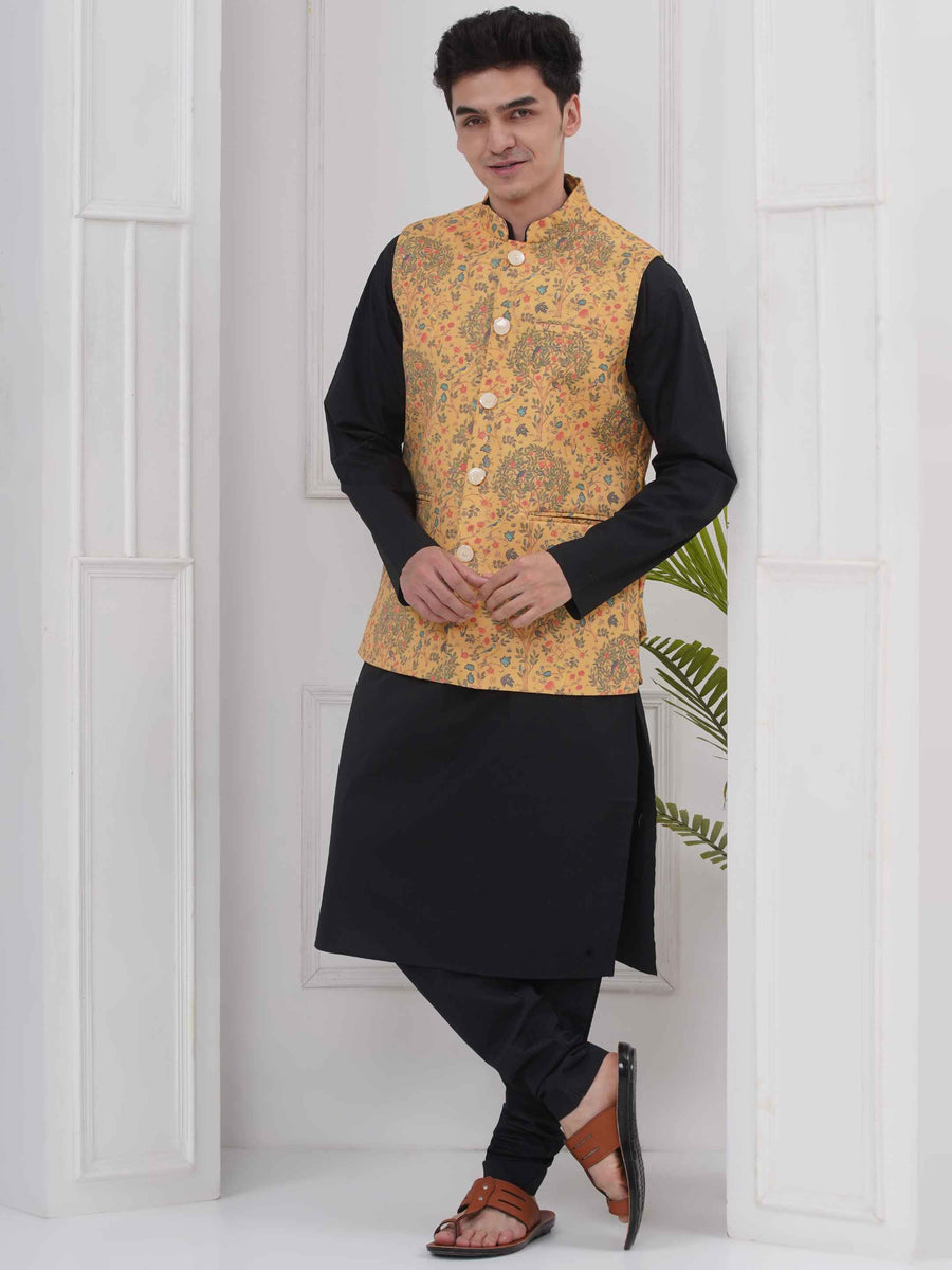 Mens Black Kurta with Pyjama & Nehru Jacket