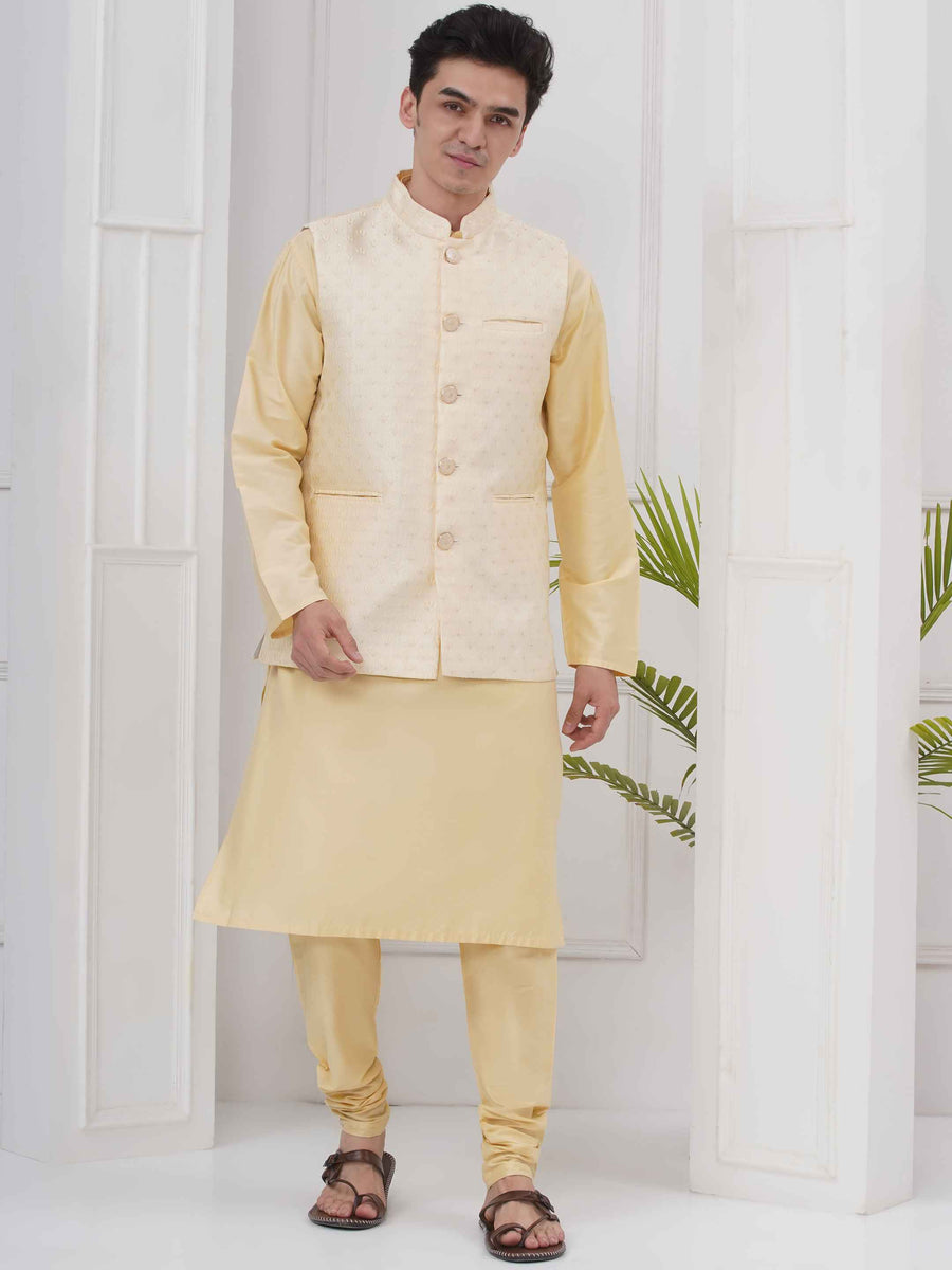 Mens Readymade Silk Cotton Kurta Pyjama With Nehru Jacket