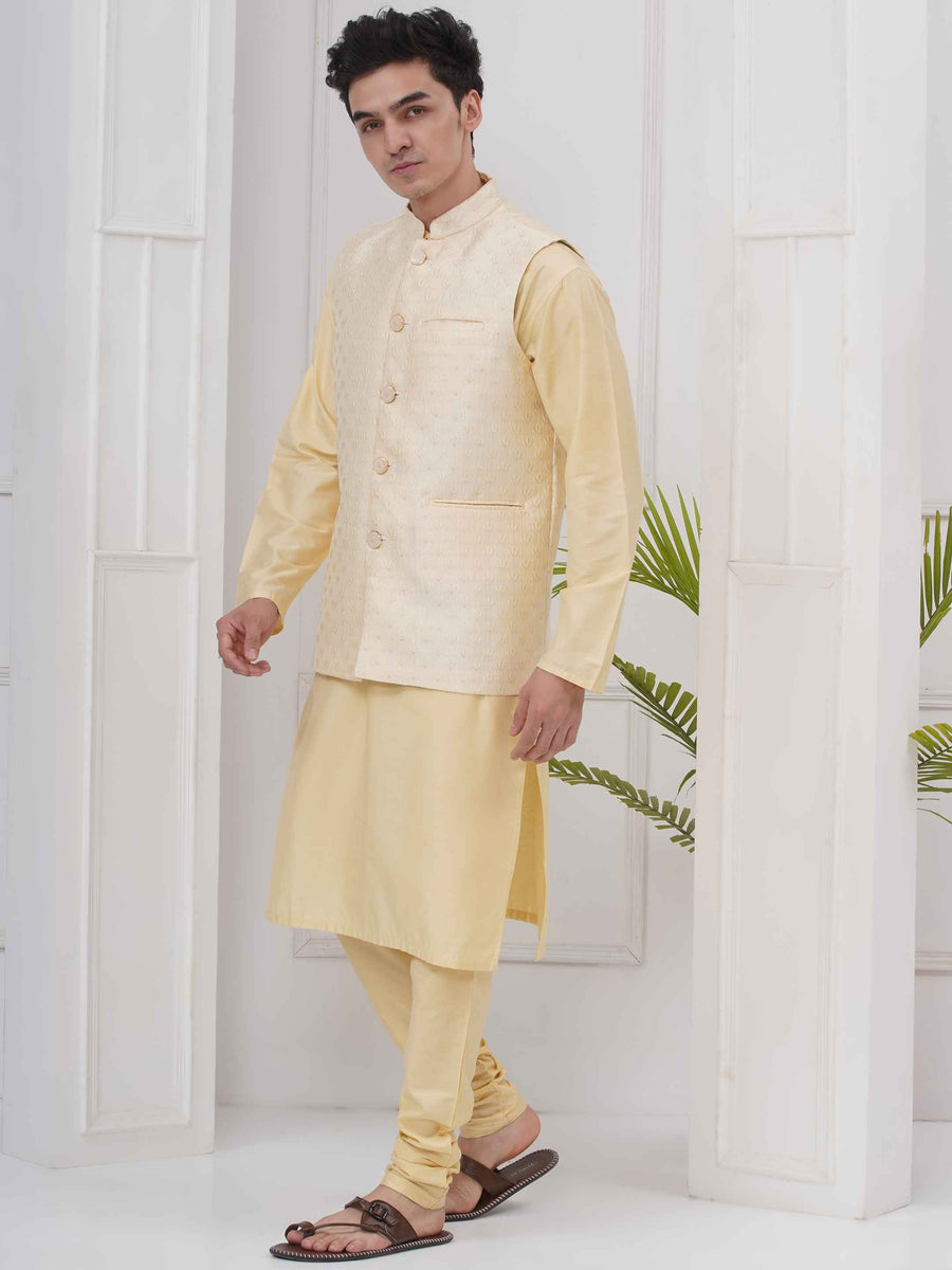 Mens Readymade Silk Cotton Kurta Pyjama With Nehru Jacket