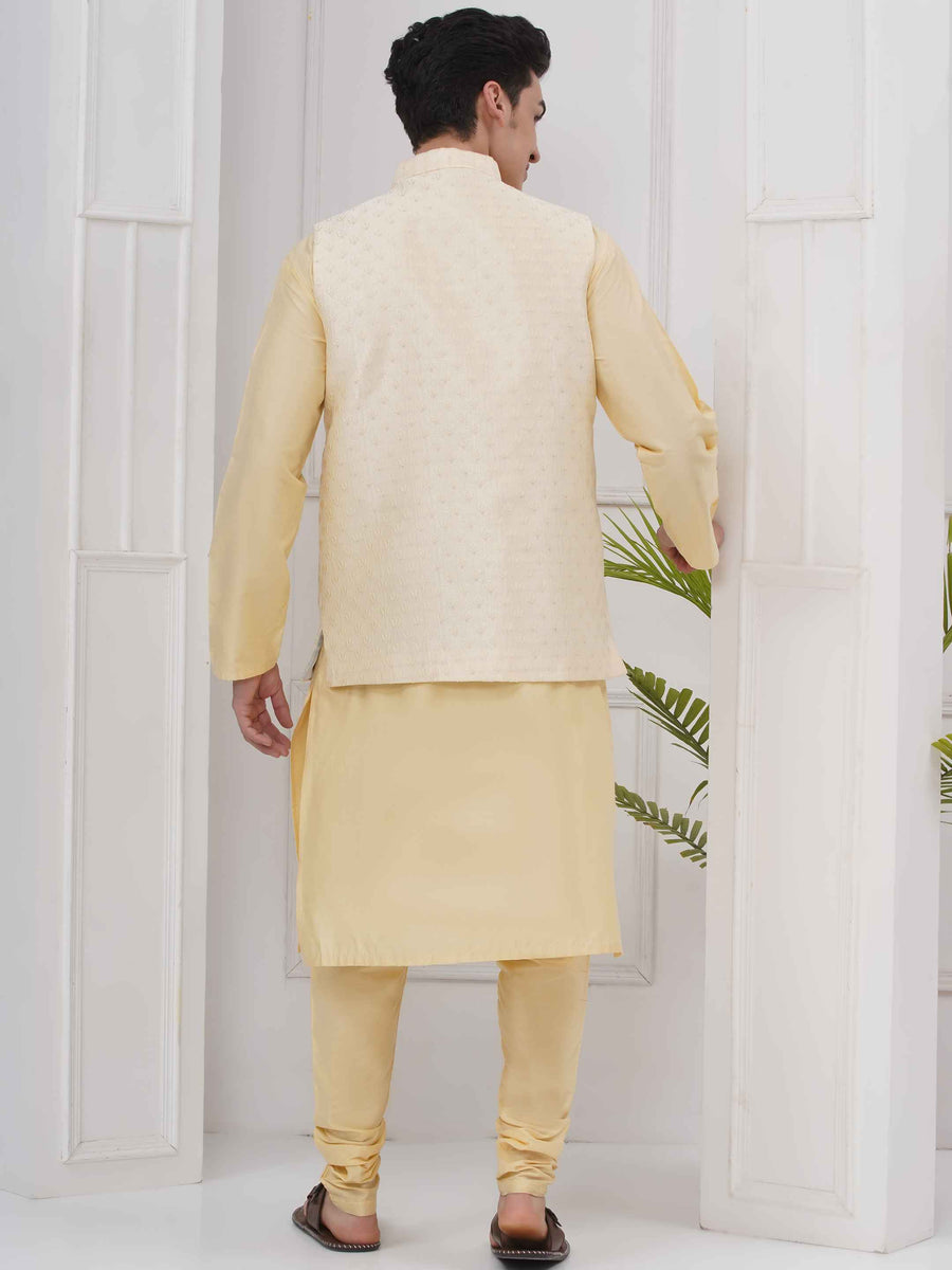 Mens Readymade Silk Cotton Kurta Pyjama With Nehru Jacket