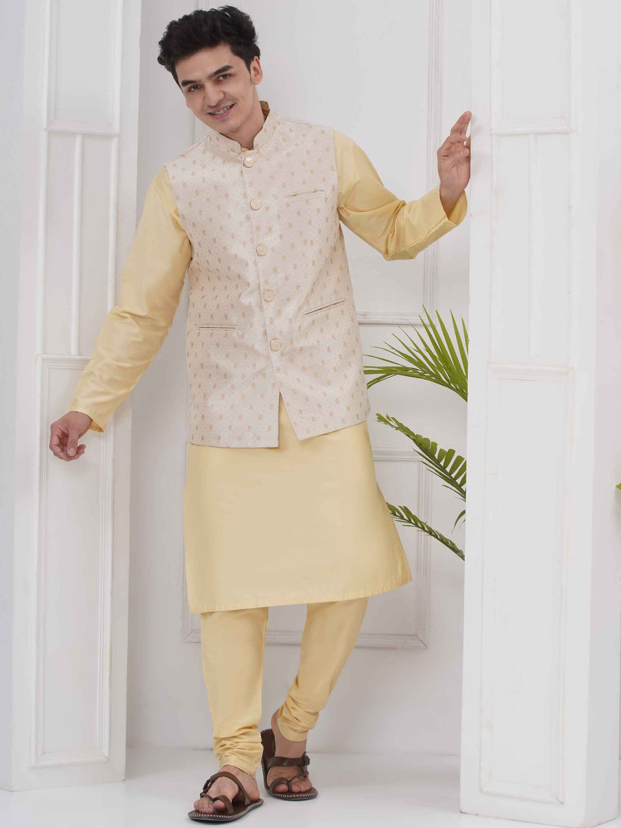Mens Readymade Silk Cotton Kurta Pyjama With Nehru Jacket