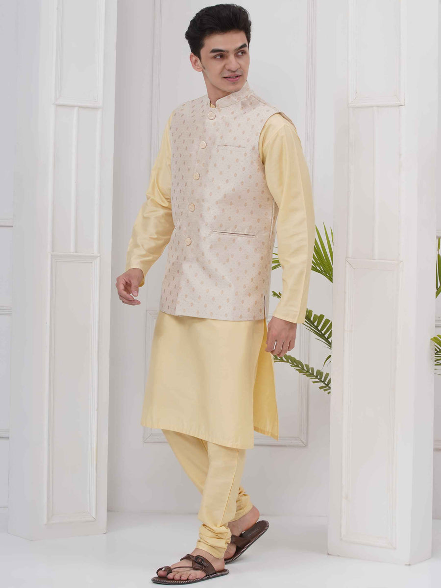 Mens Readymade Silk Cotton Kurta Pyjama With Nehru Jacket