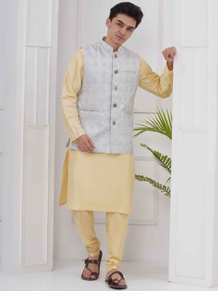 Mens Readymade Silk Cotton Kurta Pyjama With Nehru Jacket
