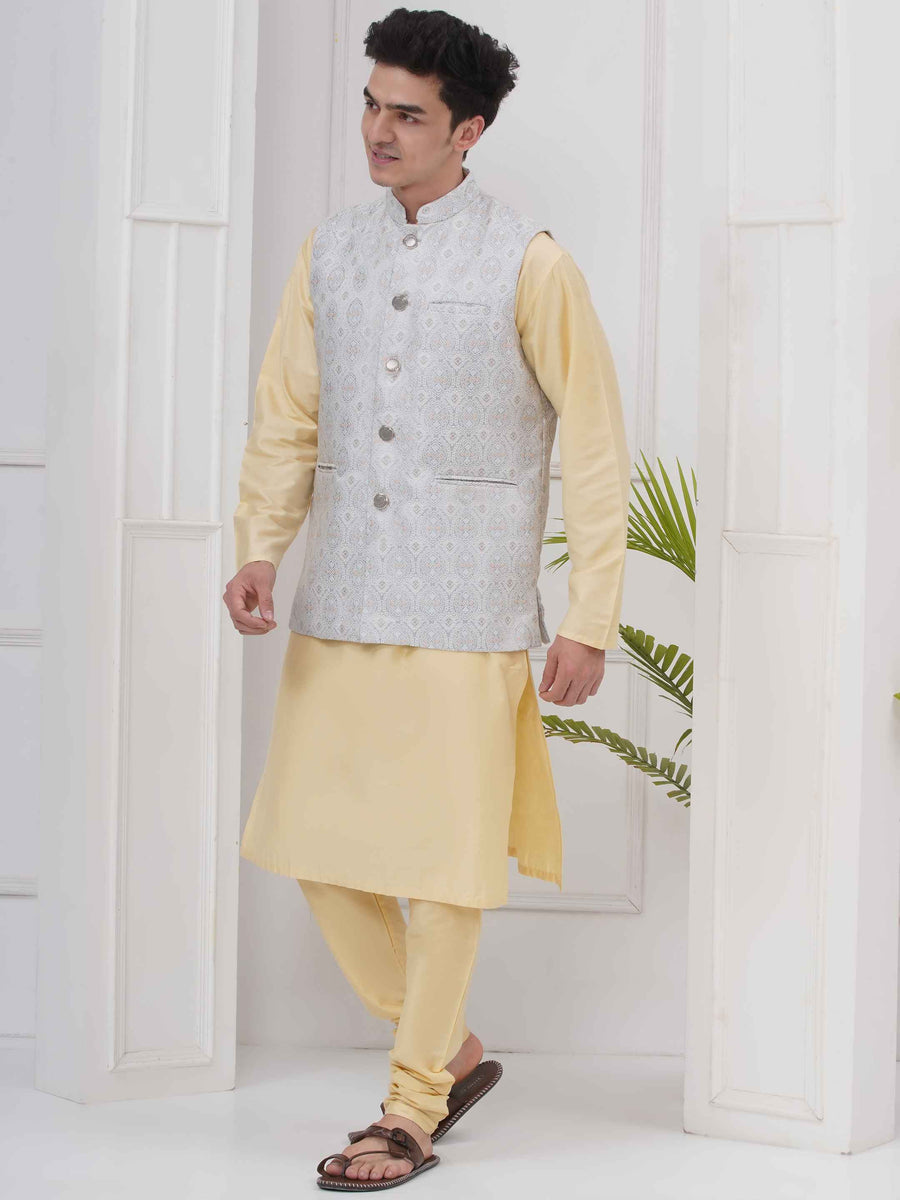 Mens Readymade Silk Cotton Kurta Pyjama With Nehru Jacket