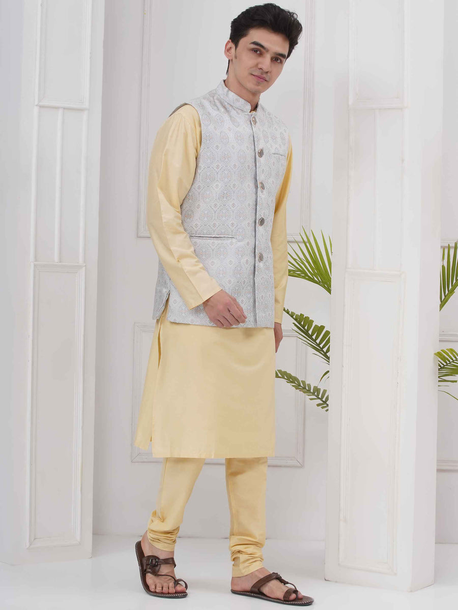 Mens Readymade Silk Cotton Kurta Pyjama With Nehru Jacket