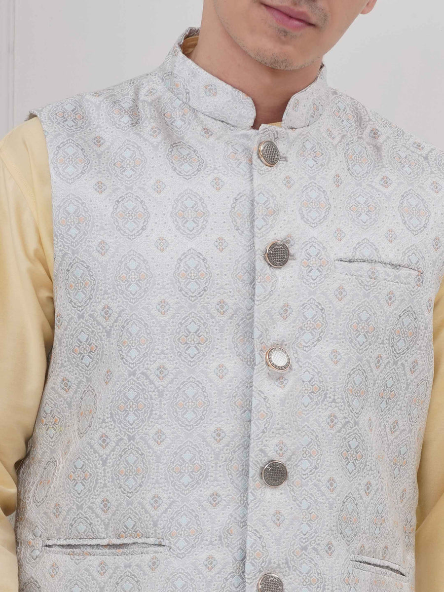 Mens Readymade Silk Cotton Kurta Pyjama With Nehru Jacket