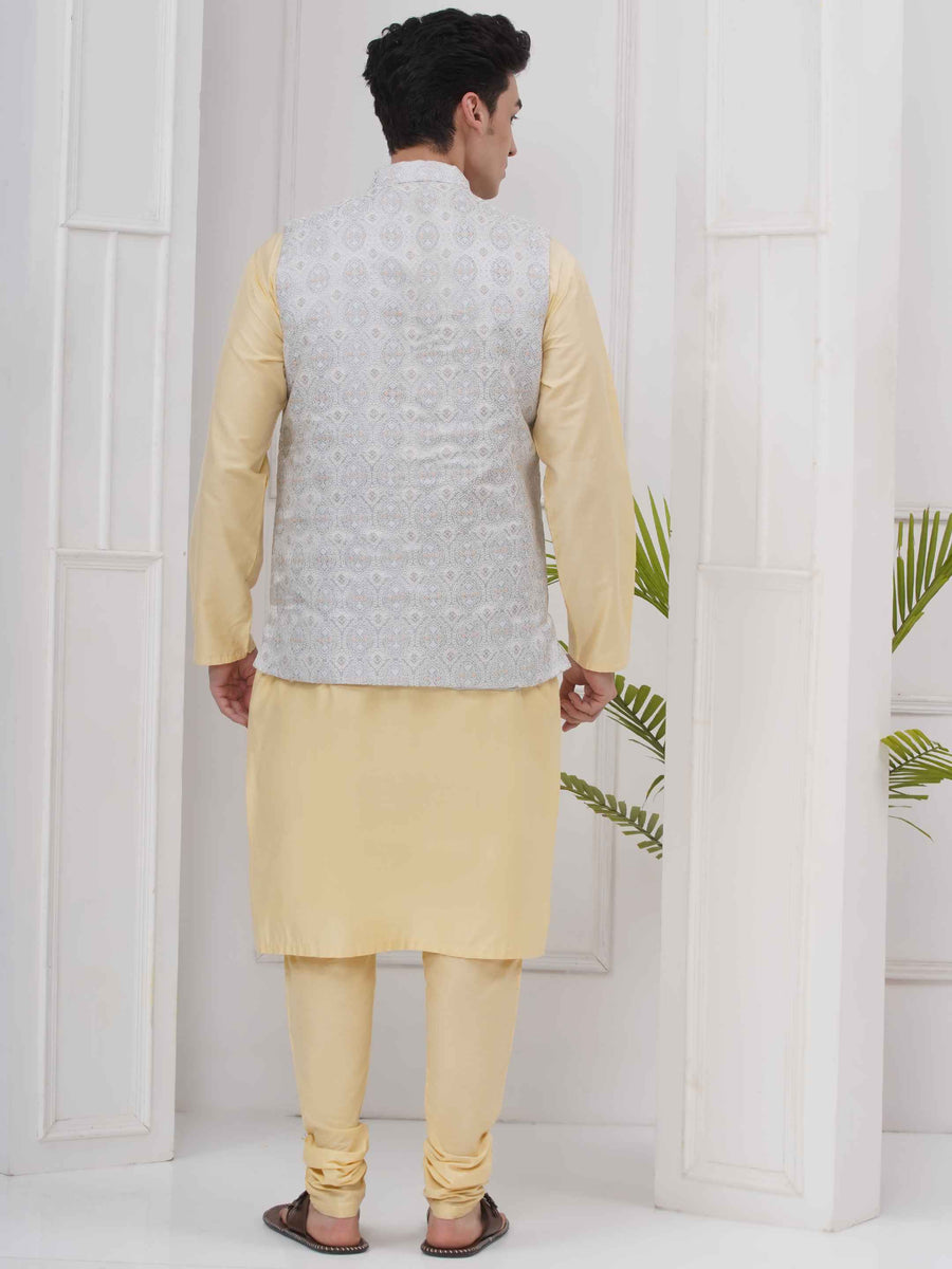 Mens Readymade Silk Cotton Kurta Pyjama With Nehru Jacket