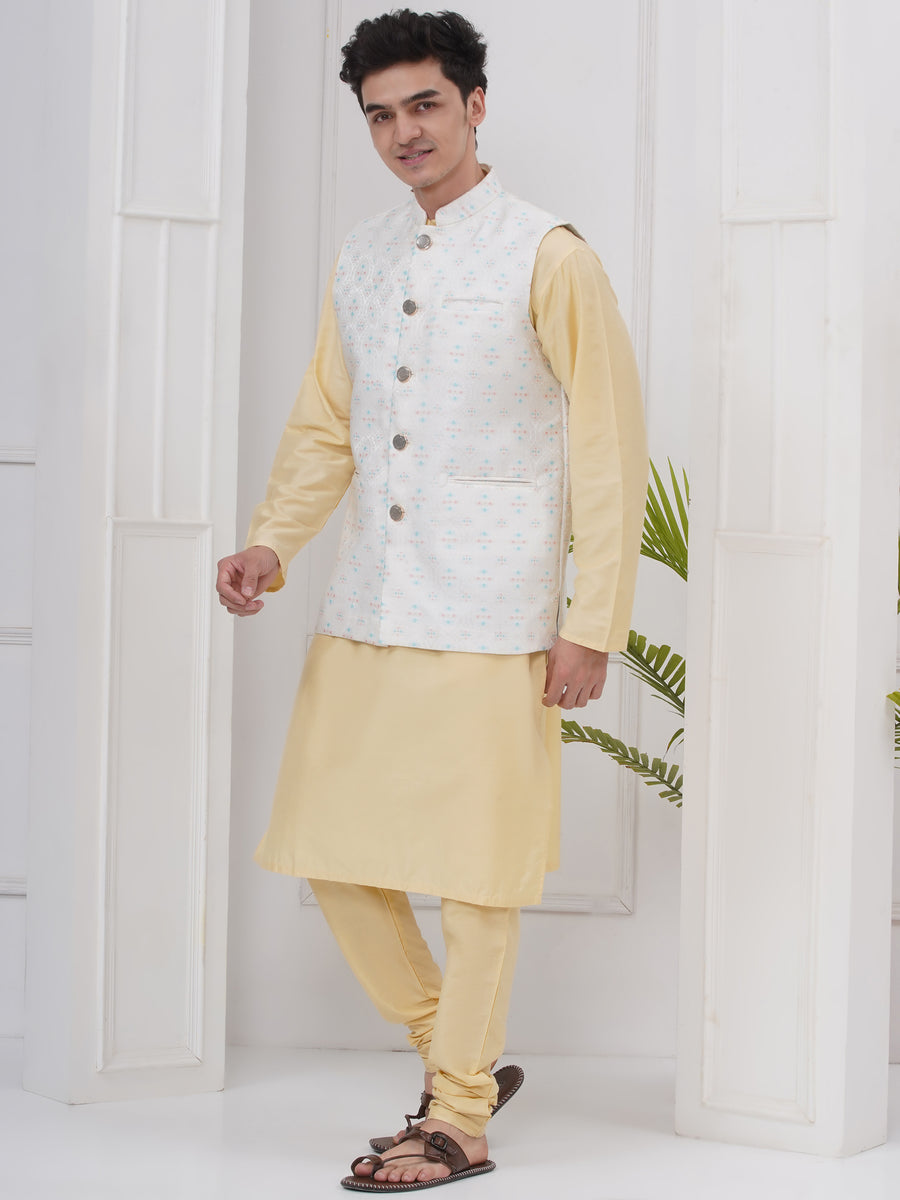 Mens Readymade Silk Cotton Kurta Pyjama With Nehru Jacket