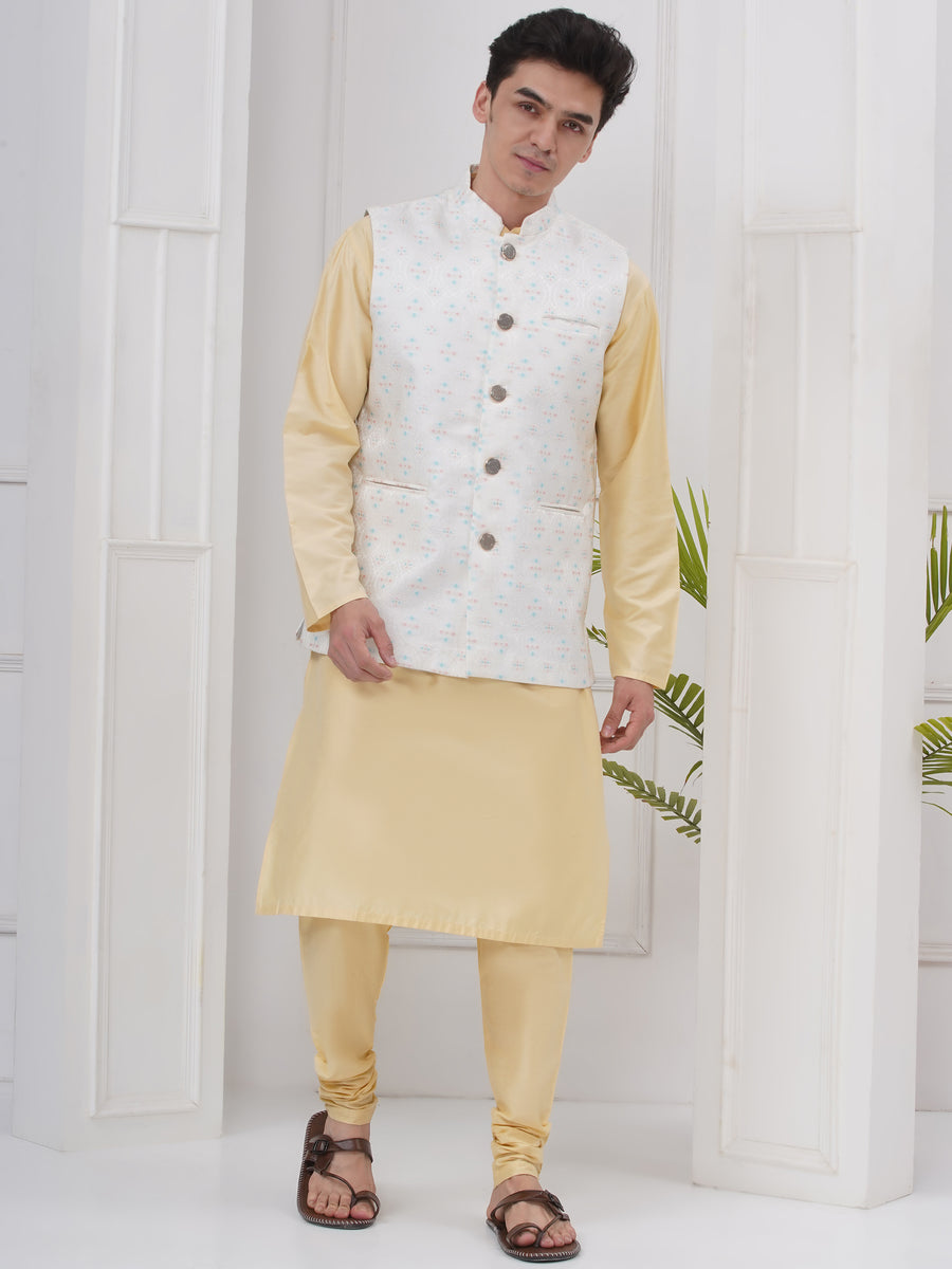 Mens Readymade Silk Cotton Kurta Pyjama With Nehru Jacket