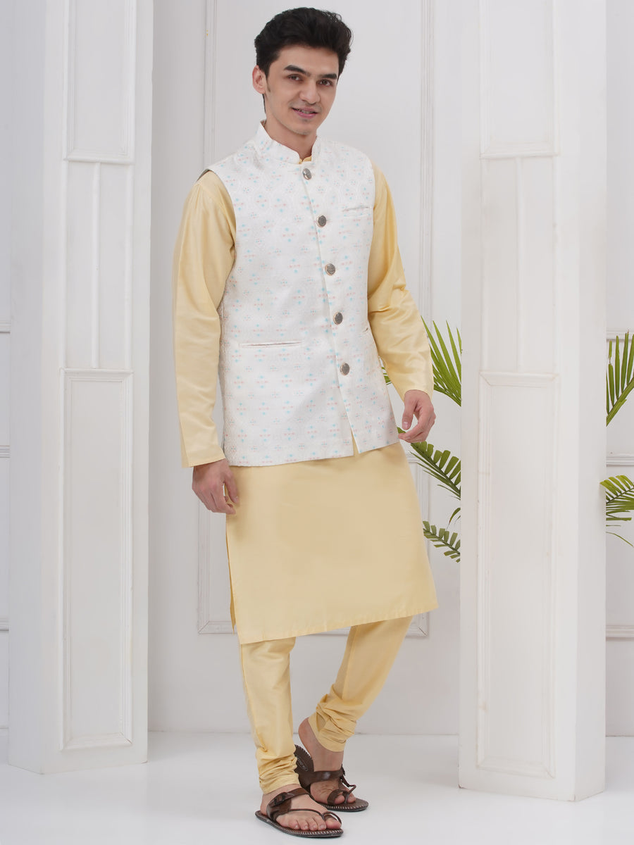 Mens Readymade Silk Cotton Kurta Pyjama With Nehru Jacket