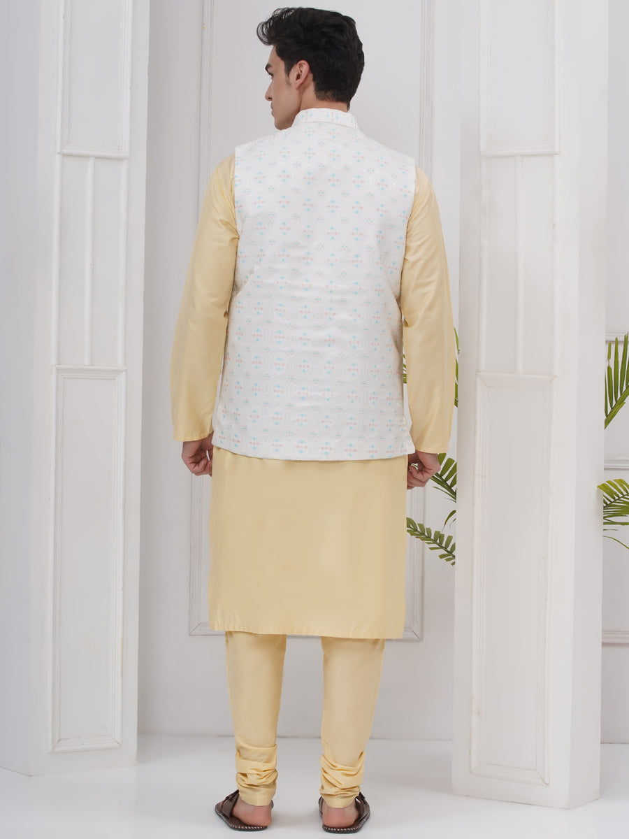 Mens Readymade Silk Cotton Kurta Pyjama With Nehru Jacket
