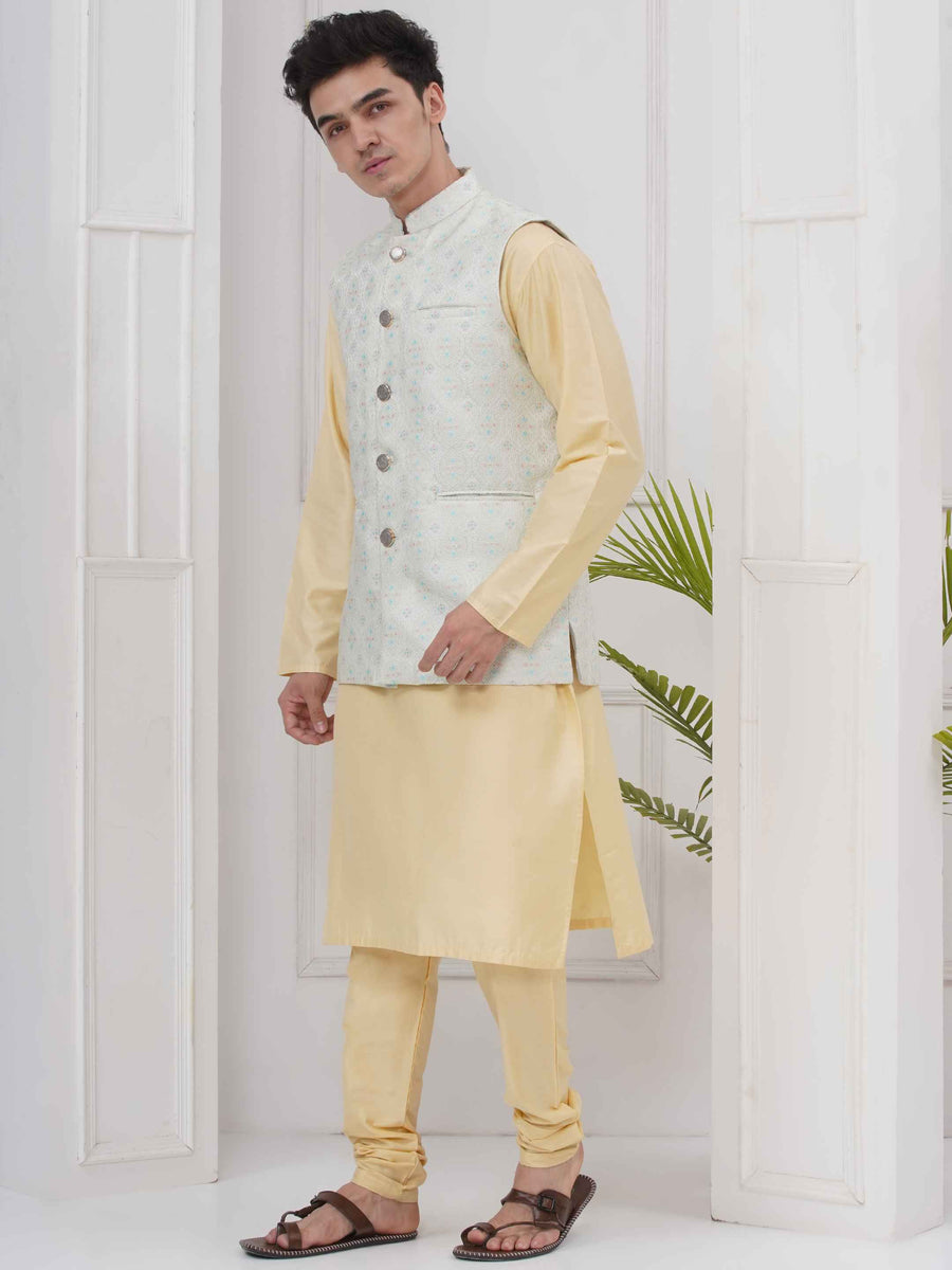 Mens Readymade Silk Cotton Kurta Pyjama With Nehru Jacket